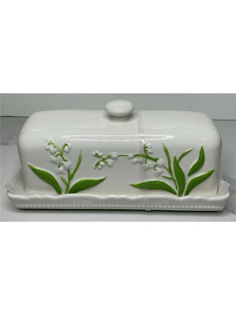 Potter’s Studio Butter Dish White Green Flower Design Microwave Dishwasher Safe